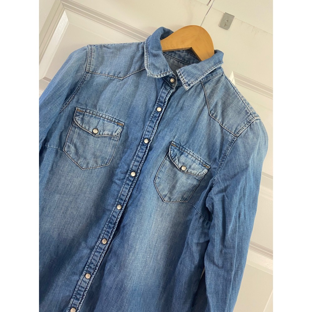 Mavi Women Light Wash Cotton Linen Western Denim Pearl Snap Shirt L